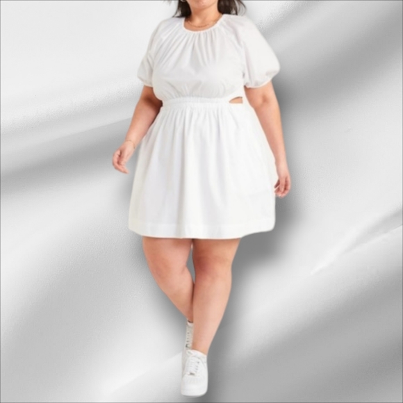 Old Navy Womens Waist-Defined Puff-Sleeve Cotton Poplin Side-Cutout Mini Dress - Picture 3 of 5